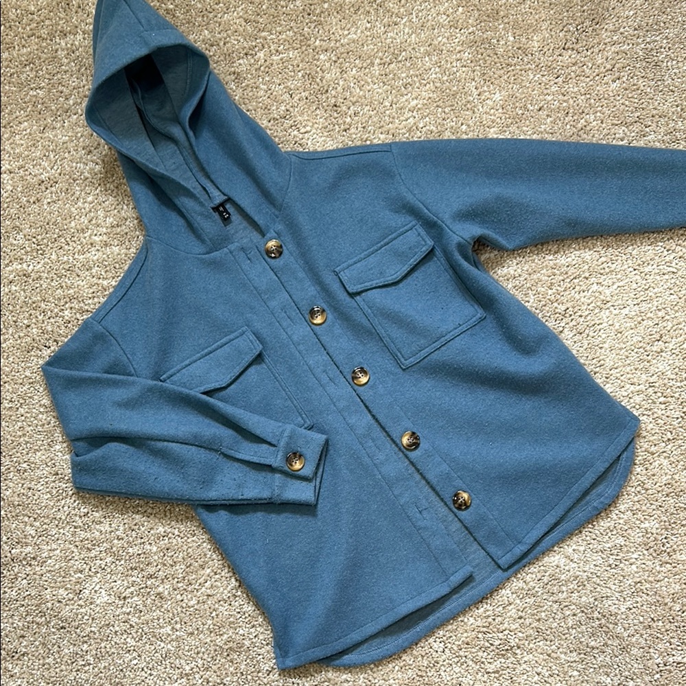 Blue Hooded Jacket with Button Details